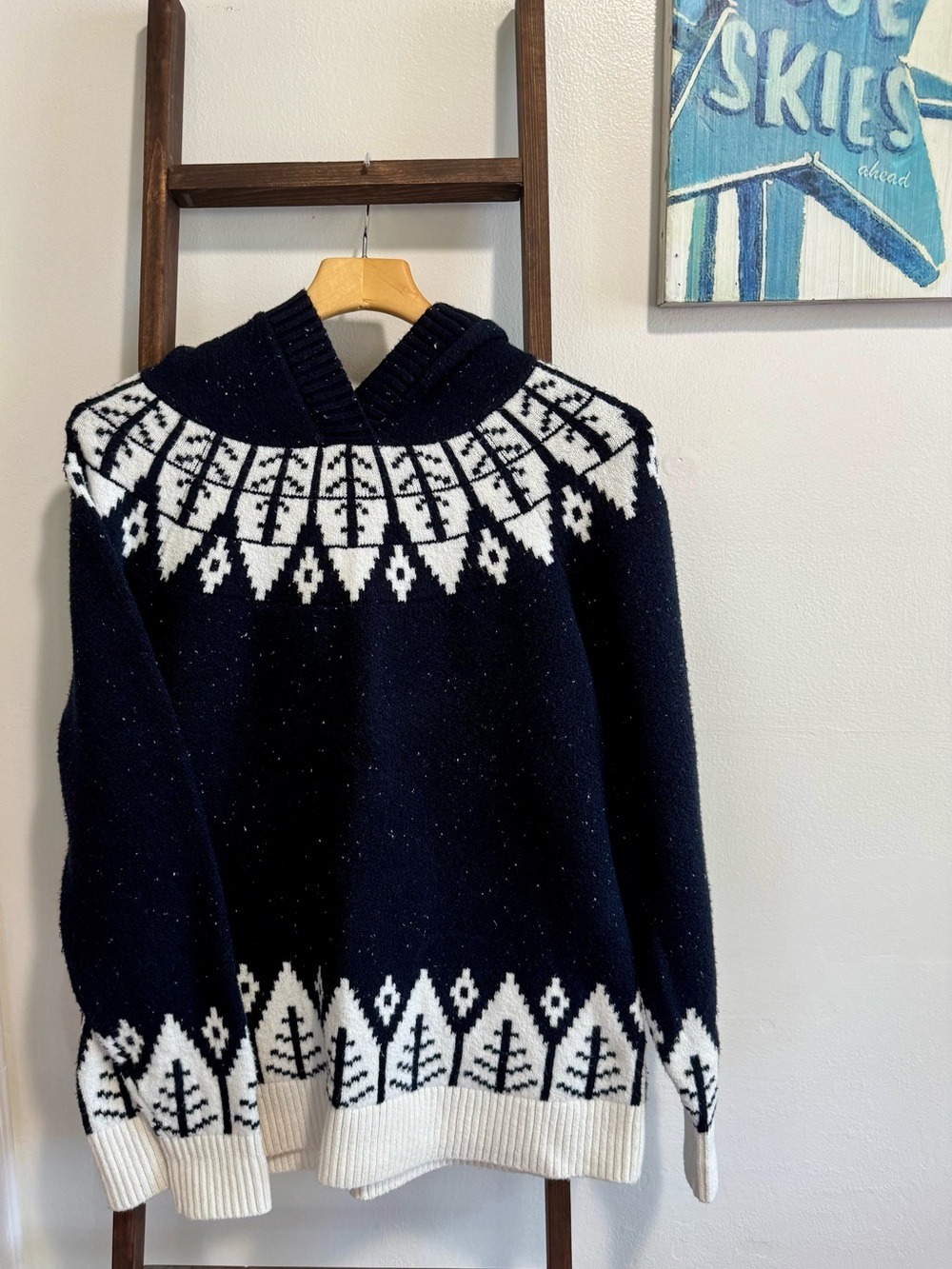 LOFT Navy and White Fair Isle Hooded Sweater